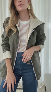 Une veste imperméable chic et réversible pour un look de mi-saison.