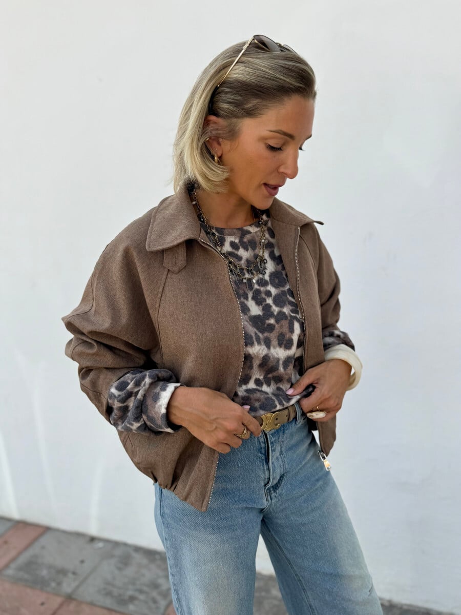 Veste Nadia Taupe Doublure Léopard | Gualap